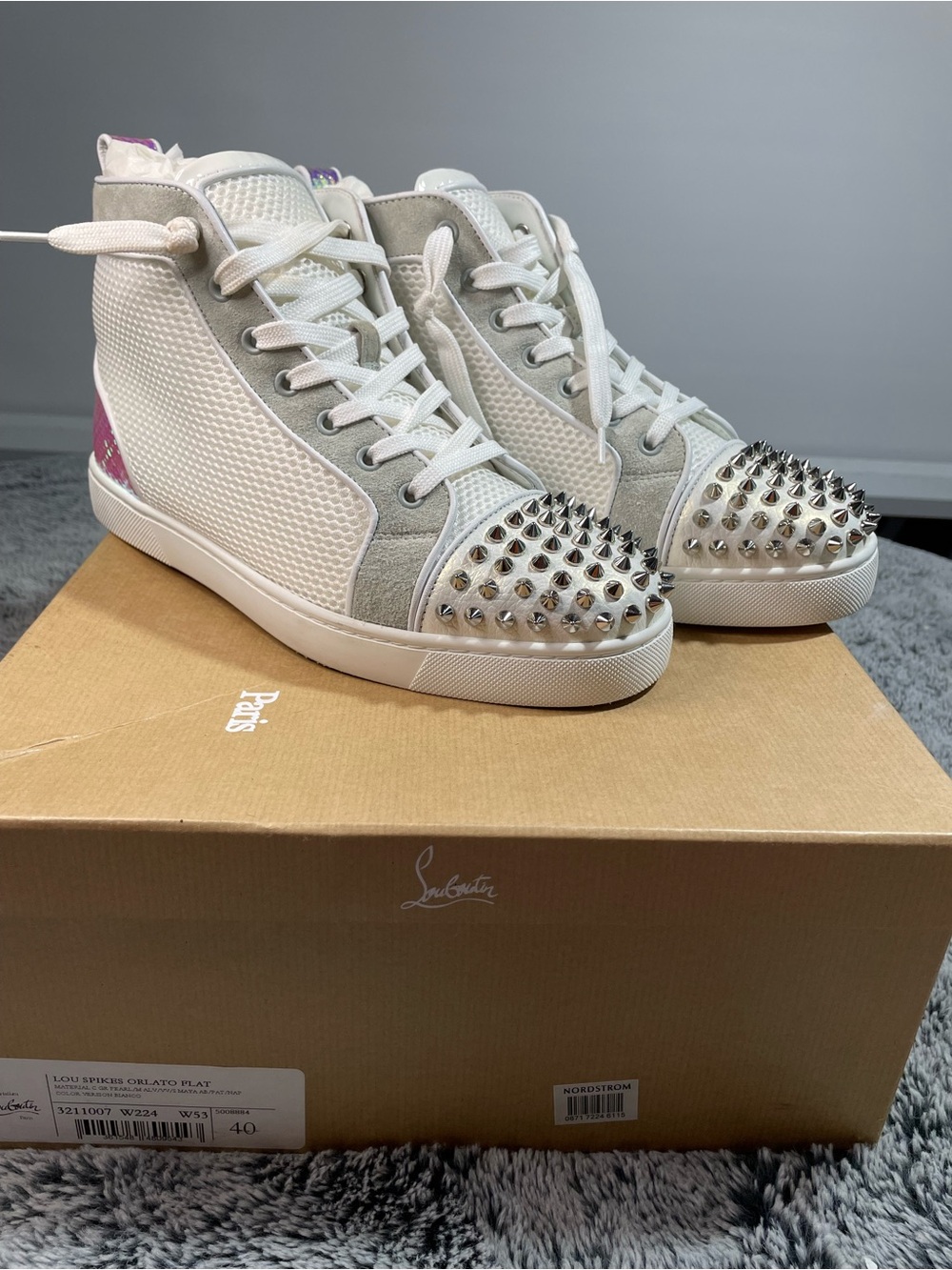 Christian Louboutin White High-Top Spike Toe Sneakers with Pink Heel